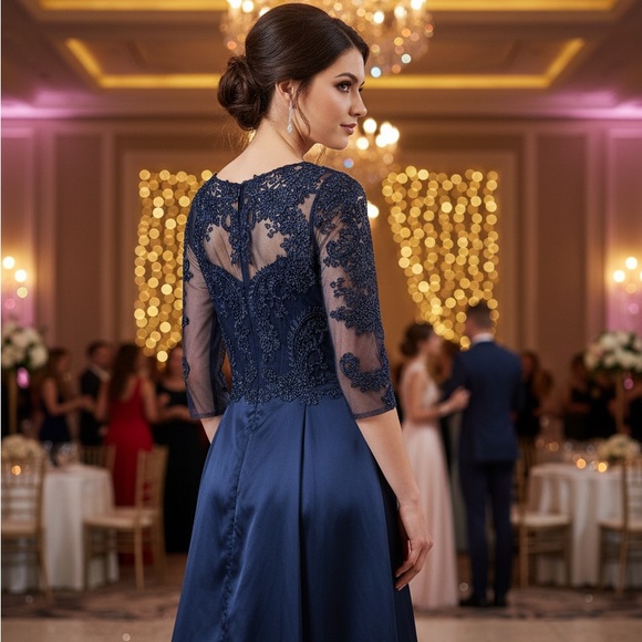 Teri Jon Dark Sapphire Lace Long Sleeve Prom Gown - Picture 2 of 6